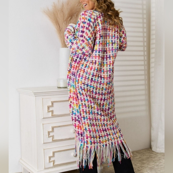 Kaleidoscope Fringe Long Cardigan - Red White Multi - Picture 6 of 6